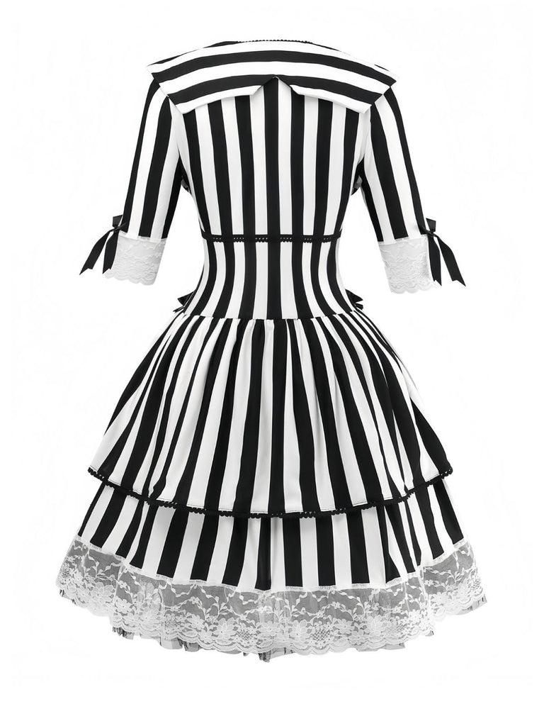 Schwarz & Weiß 1970er Halloween Spitze Patchwork Streifen Kleid