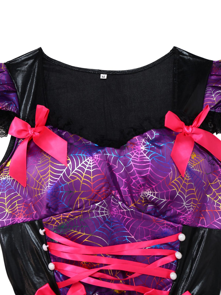 Lila 1970er Halloween Spinnennetz Hexe Schnürung Kleid