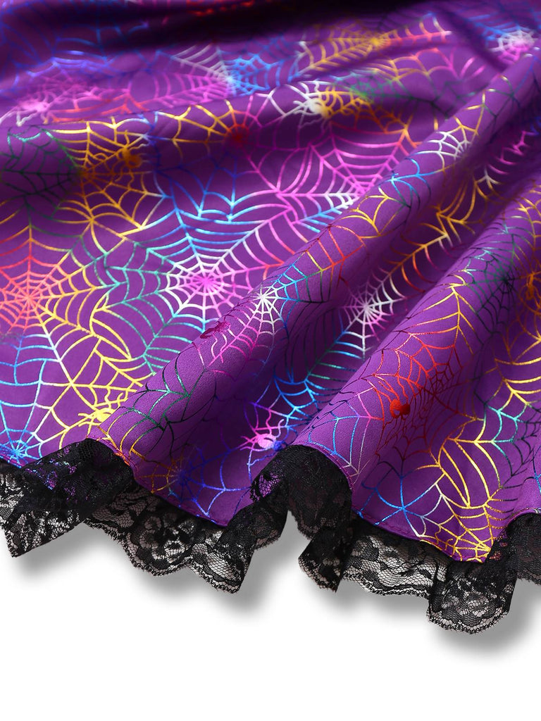 Lila 1970er Halloween Spinnennetz Hexe Schnürung Kleid