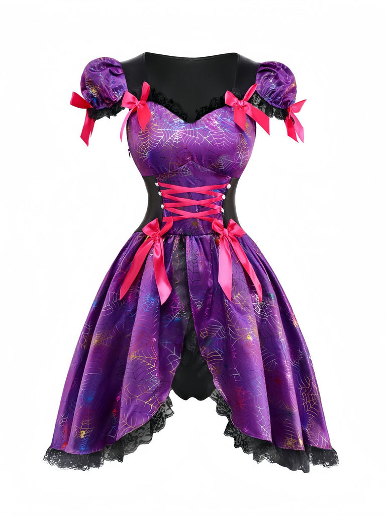 Lila 1970er Halloween Spinnennetz Hexe Schnürung Kleid