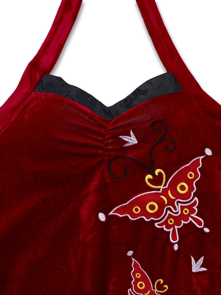 Rot 1980er Ada-Wong Stickerei Schmetterling Samt Kleid