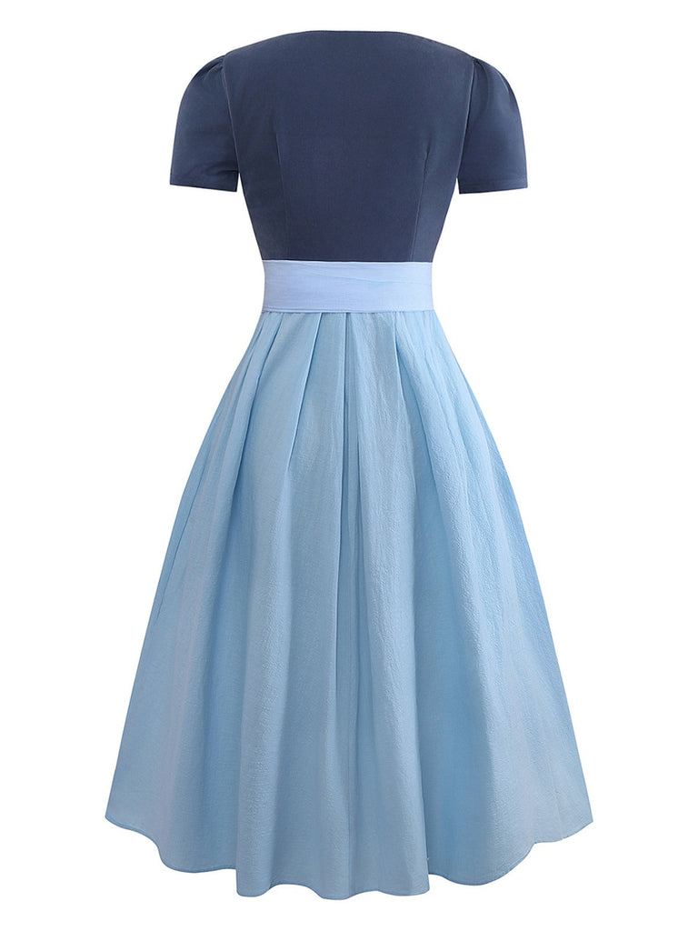 2PCS Blau 1950er Oktoberfest Dirndl Quadratischer Hals Kleid & Schürze