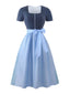 2PCS Blau 1950er Oktoberfest Dirndl Quadratischer Hals Kleid & Schürze