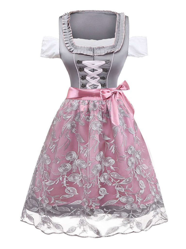 3PCS Rosa 1950er Oktoberfest Dirndl Satin Spitze Besticktes Kleid & Top