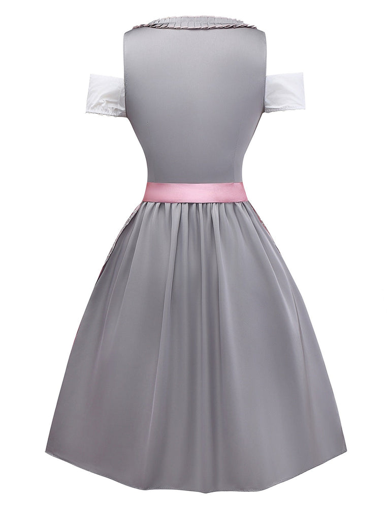 3PCS Rosa 1950er Oktoberfest Dirndl Satin Spitze Besticktes Kleid & Top