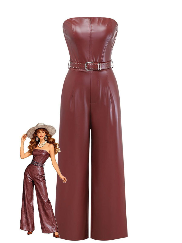 1940er PU Leder Gürtel Trägerlos Jumpsuit