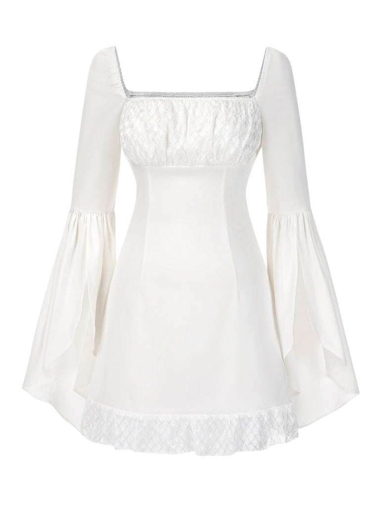 [Vorverkauf] Weiß 1960er Teilt Glockenärmel Spitze Gerüschtes Kleid