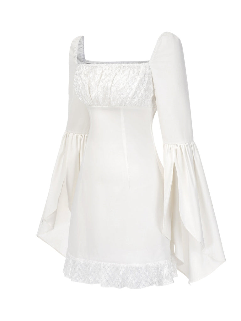 [Vorverkauf] Weiß 1960er Teilt Glockenärmel Spitze Gerüschtes Kleid