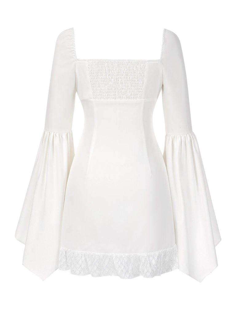 [Vorverkauf] Weiß 1960er Teilt Glockenärmel Spitze Gerüschtes Kleid