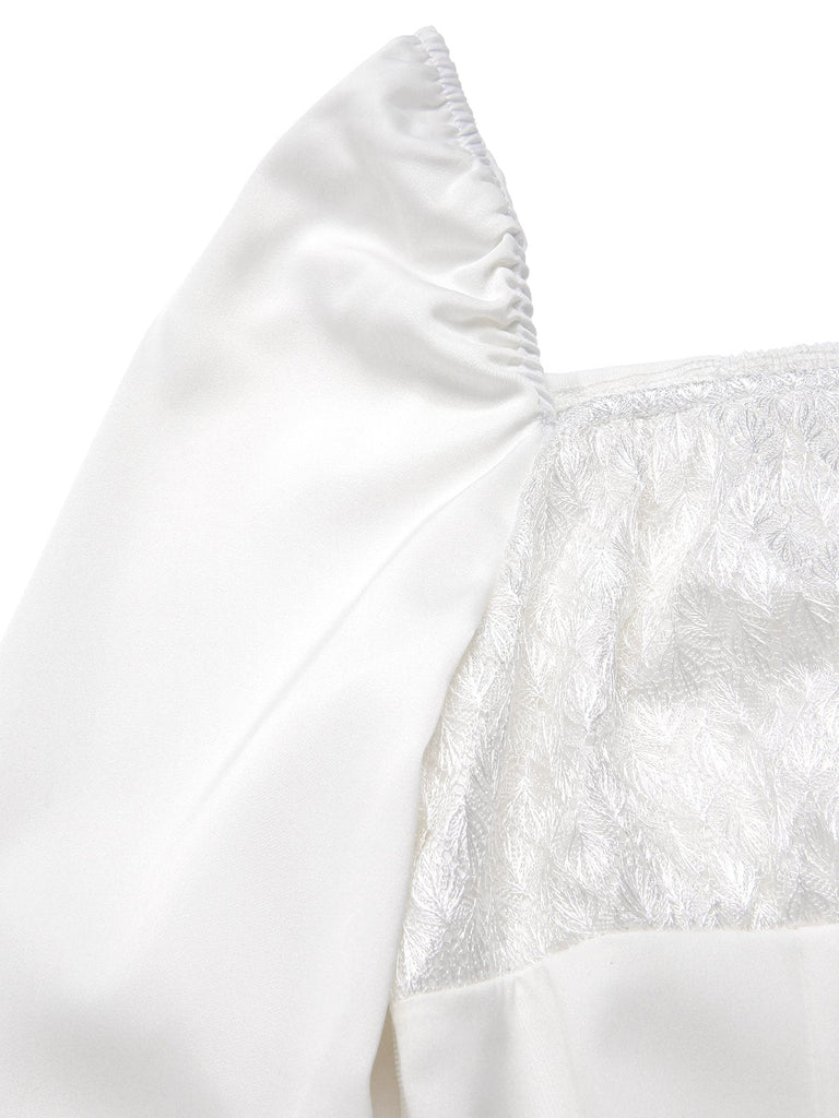 [Vorverkauf] Weiß 1960er Teilt Glockenärmel Spitze Gerüschtes Kleid