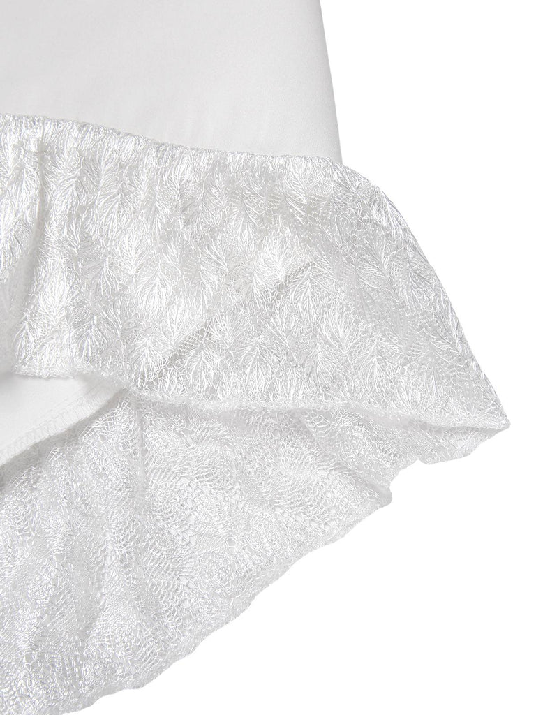 [Vorverkauf] Weiß 1960er Teilt Glockenärmel Spitze Gerüschtes Kleid