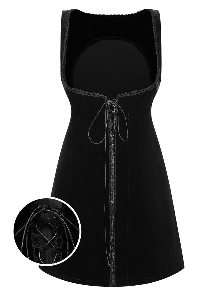[Vorverkauf] Schwarz 1960er Solide Samt Schnürung Overall Kleid