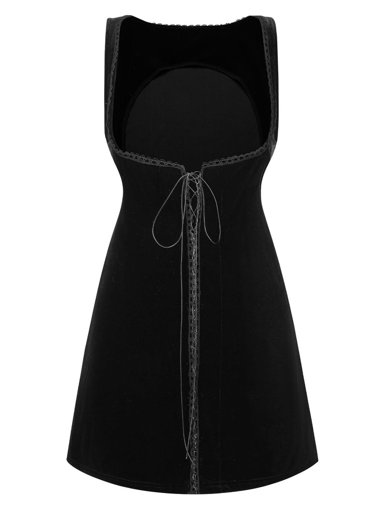 [Vorverkauf] Schwarz 1960er Solide Samt Schnürung Overall Kleid