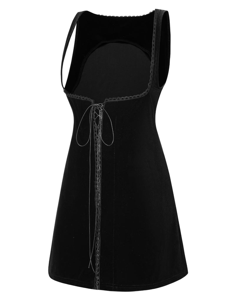 [Vorverkauf] Schwarz 1960er Solide Samt Schnürung Overall Kleid