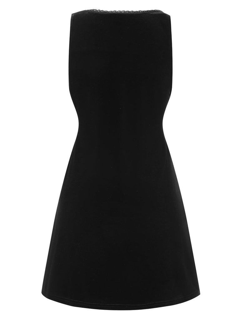 [Vorverkauf] Schwarz 1960er Solide Samt Schnürung Overall Kleid