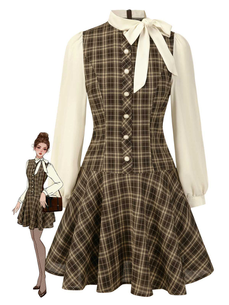 [Vorverkauf] Braun 1960er Plaid Bogen Tie Taste Swing Kleid