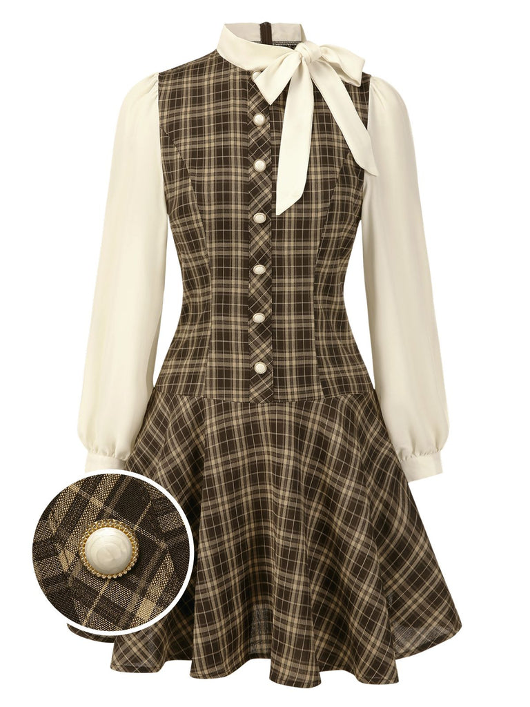 [Vorverkauf] Braun 1960er Plaid Bogen Tie Taste Swing Kleid