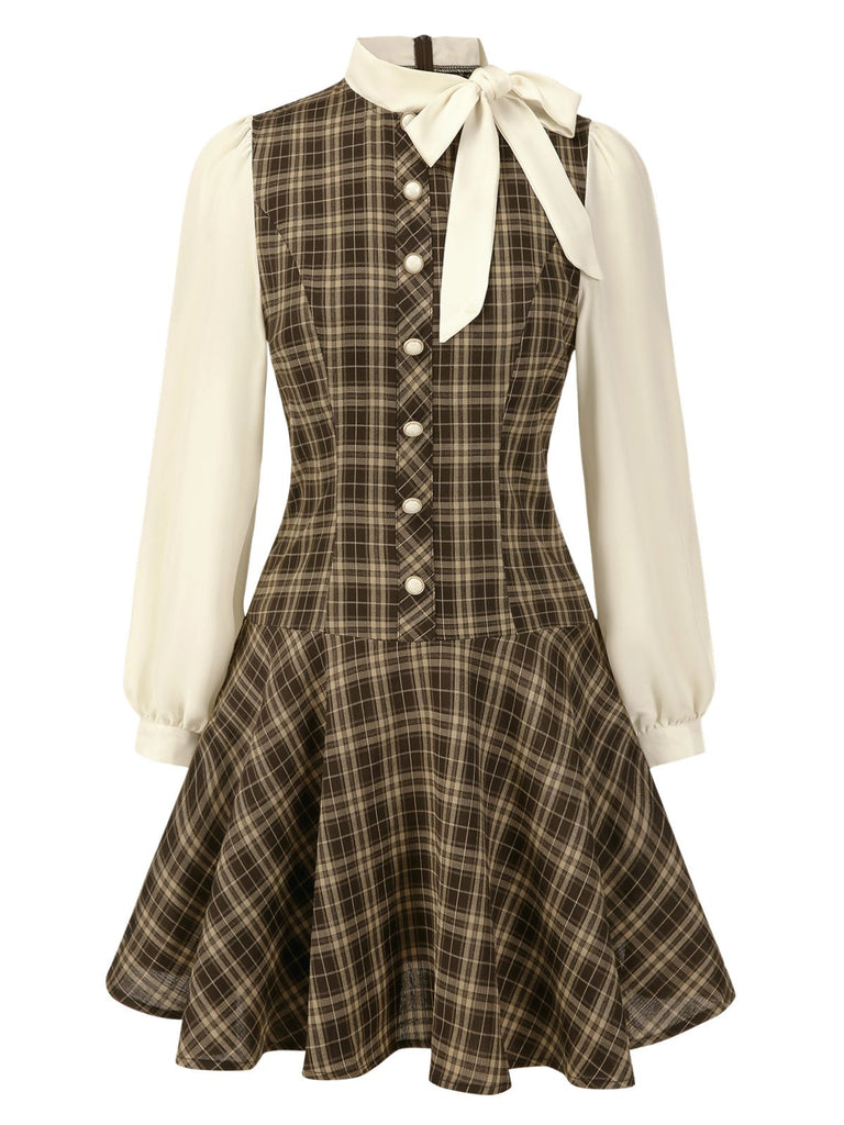 [Vorverkauf] Braun 1960er Plaid Bogen Tie Taste Swing Kleid