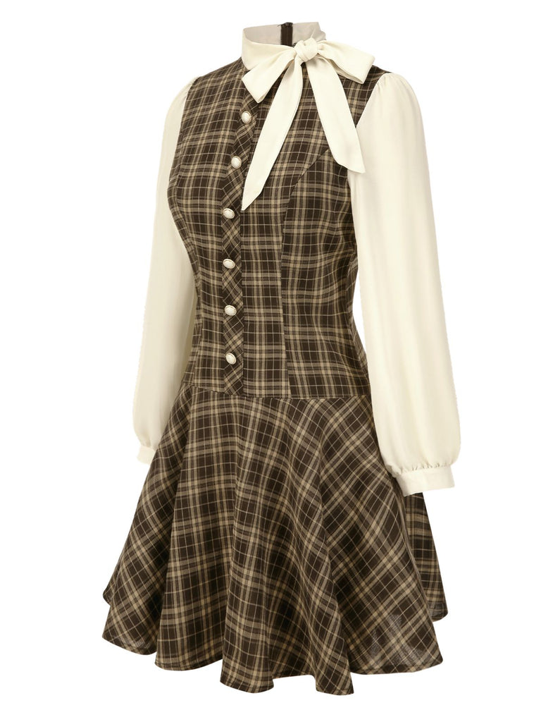 [Vorverkauf] Braun 1960er Plaid Bogen Tie Taste Swing Kleid