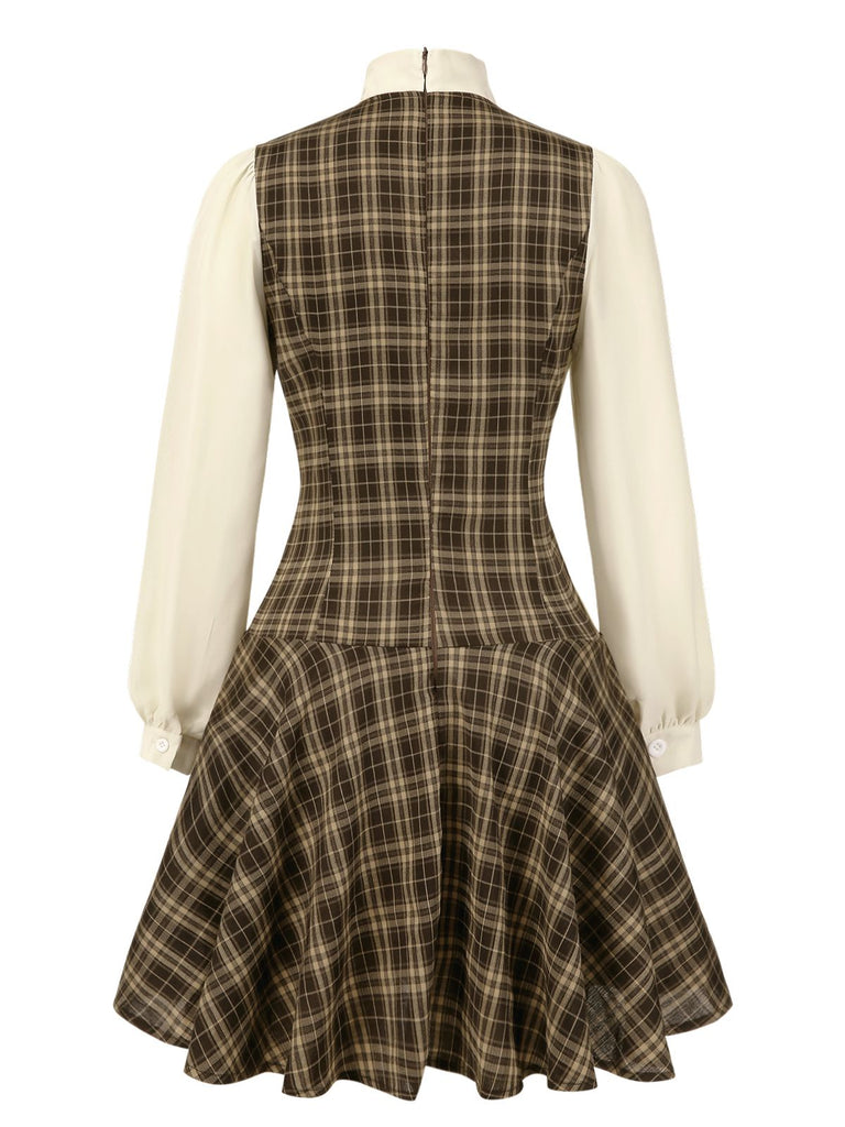 [Vorverkauf] Braun 1960er Plaid Bogen Tie Taste Swing Kleid