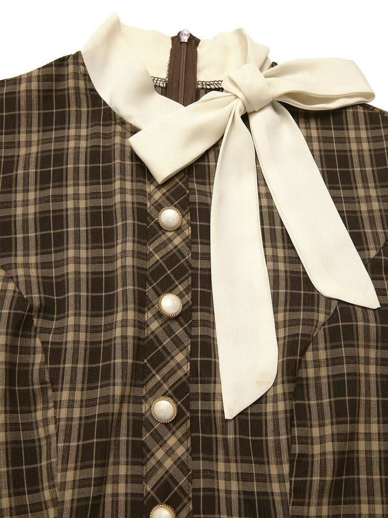 [Vorverkauf] Braun 1960er Plaid Bogen Tie Taste Swing Kleid