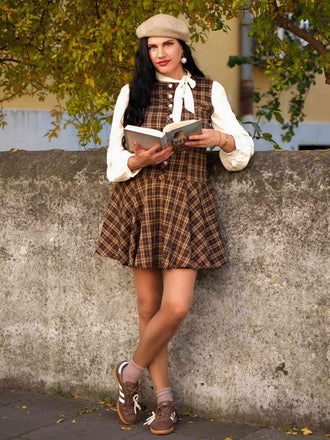 Braun 1960er Plaid Bogen Tie Taste Swing Kleid