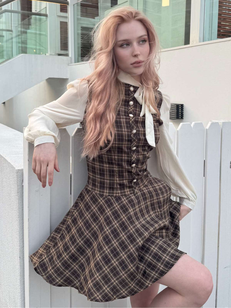 Braun 1960er Plaid Bogen Tie Taste Swing Kleid