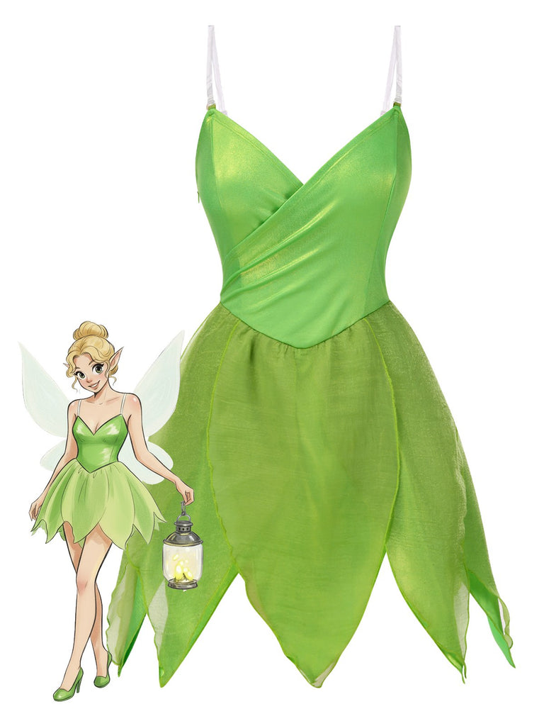 [Vorverkauf] Grün 1970er Tinkerbell Elf Blütenblatt Saum Mini Kleid