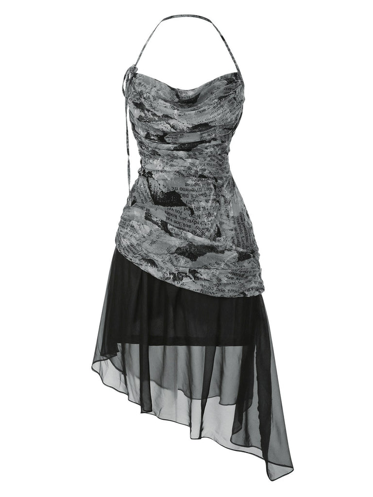 [Vorverkauf] Schwarz 1930er Halter Zeitungsdruck Netz Kleid