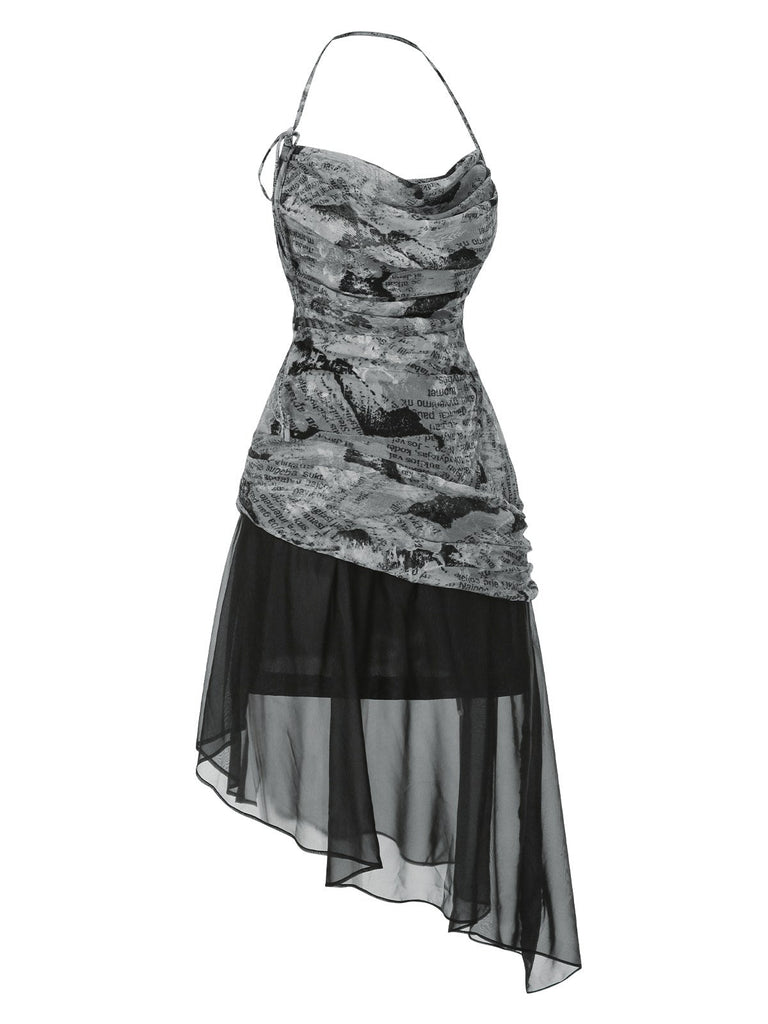 [Vorverkauf] Schwarz 1930er Halter Zeitungsdruck Netz Kleid
