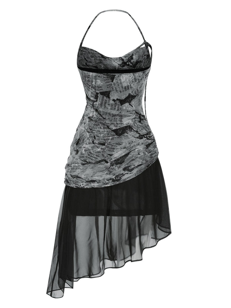 [Vorverkauf] Schwarz 1930er Halter Zeitungsdruck Netz Kleid