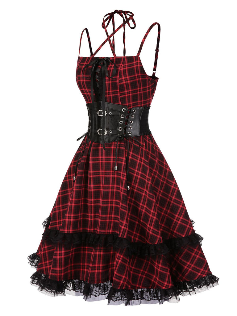 [Vorverkauf] Rot 1980er Gothic Plaid Schnürung Korsett Kleid