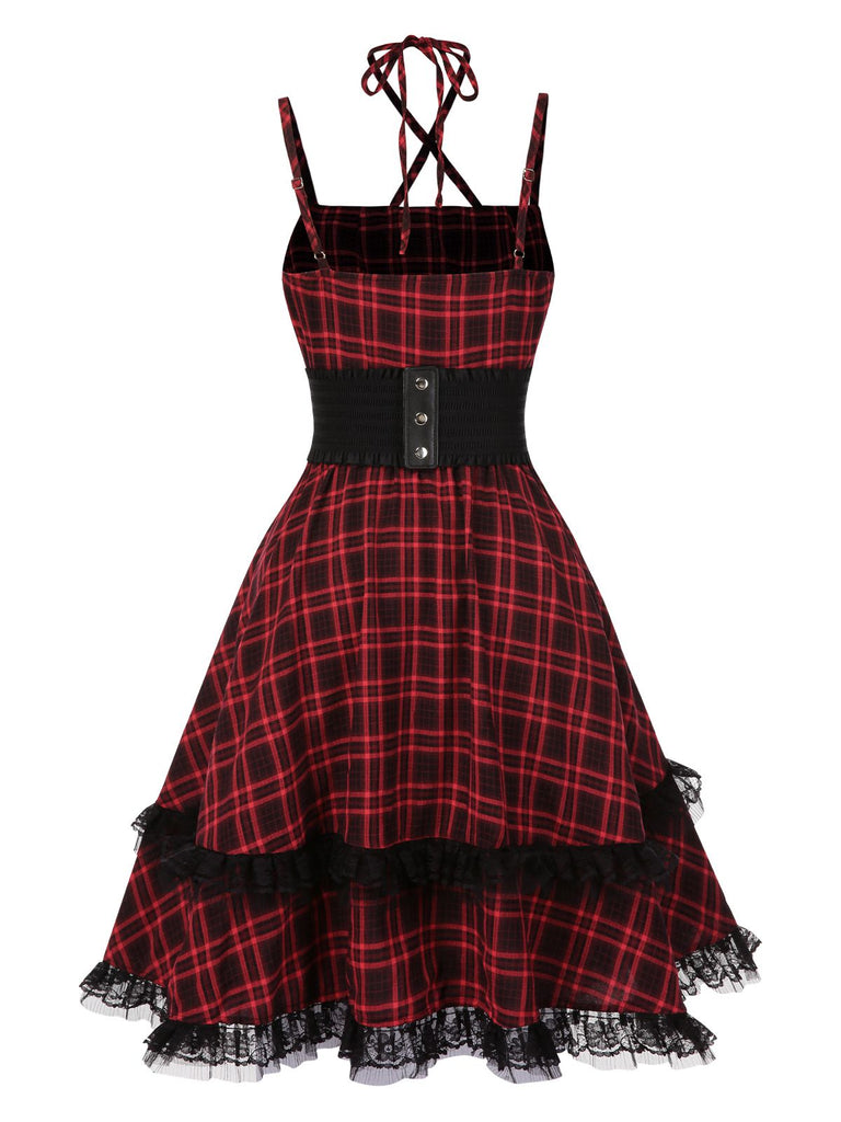 [Vorverkauf] Rot 1980er Gothic Plaid Schnürung Korsett Kleid