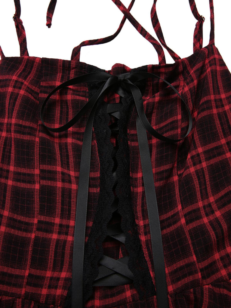 [Vorverkauf] Rot 1980er Gothic Plaid Schnürung Korsett Kleid