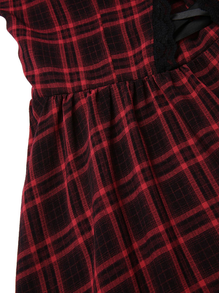 [Vorverkauf] Rot 1980er Gothic Plaid Schnürung Korsett Kleid