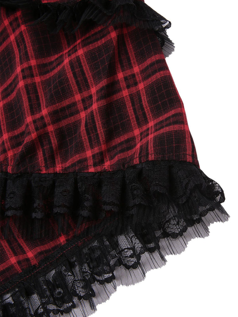 [Vorverkauf] Rot 1980er Gothic Plaid Schnürung Korsett Kleid