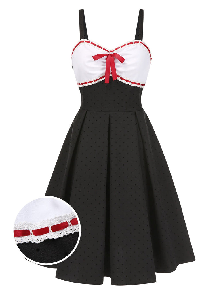 [Vorverkauf] Grau 1950er Spitze Tupfen Bogen Spaghetti Träger Kleid