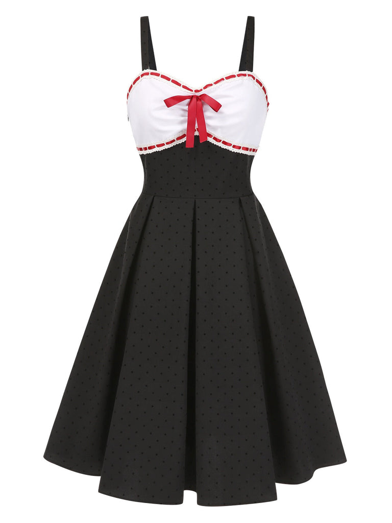 [Vorverkauf] Grau 1950er Spitze Tupfen Bogen Spaghetti Träger Kleid