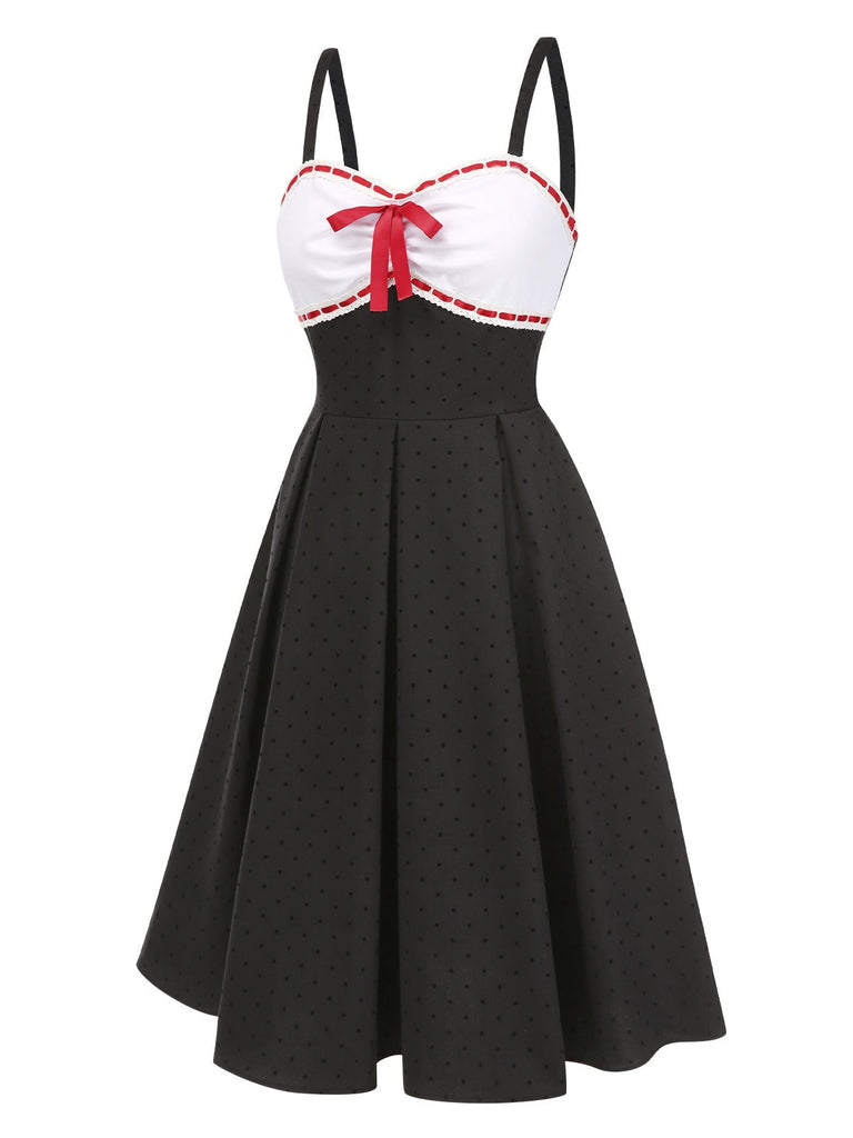 [Vorverkauf] Grau 1950er Spitze Tupfen Bogen Spaghetti Träger Kleid