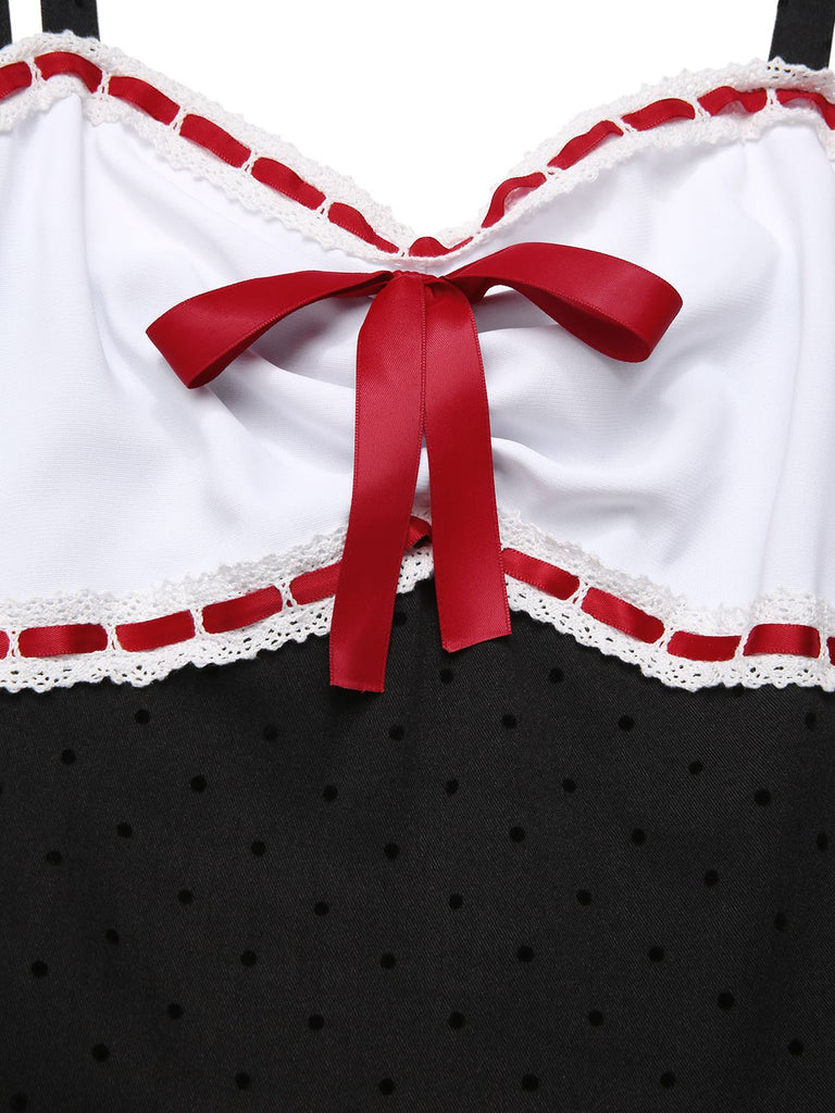 [Vorverkauf] Grau 1950er Spitze Tupfen Bogen Spaghetti Träger Kleid