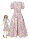 [Vorverkauf] Lavendel 1950er Blumen V-Ausschnitt Puffärmel Kleid