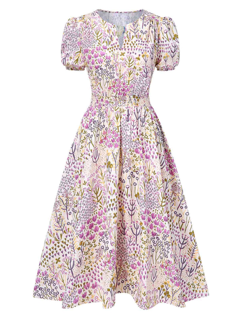 [Vorverkauf] Lavendel 1950er Blumen V-Ausschnitt Puffärmel Kleid