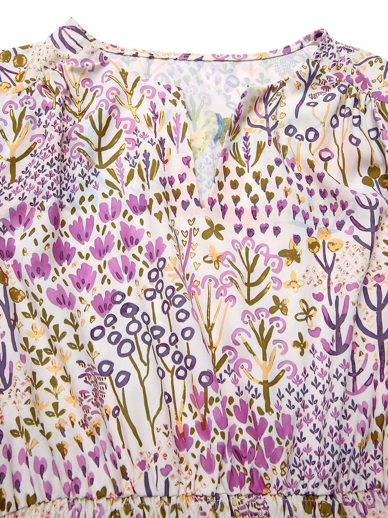 [Vorverkauf] Lavendel 1950er Blumen V-Ausschnitt Puffärmel Kleid