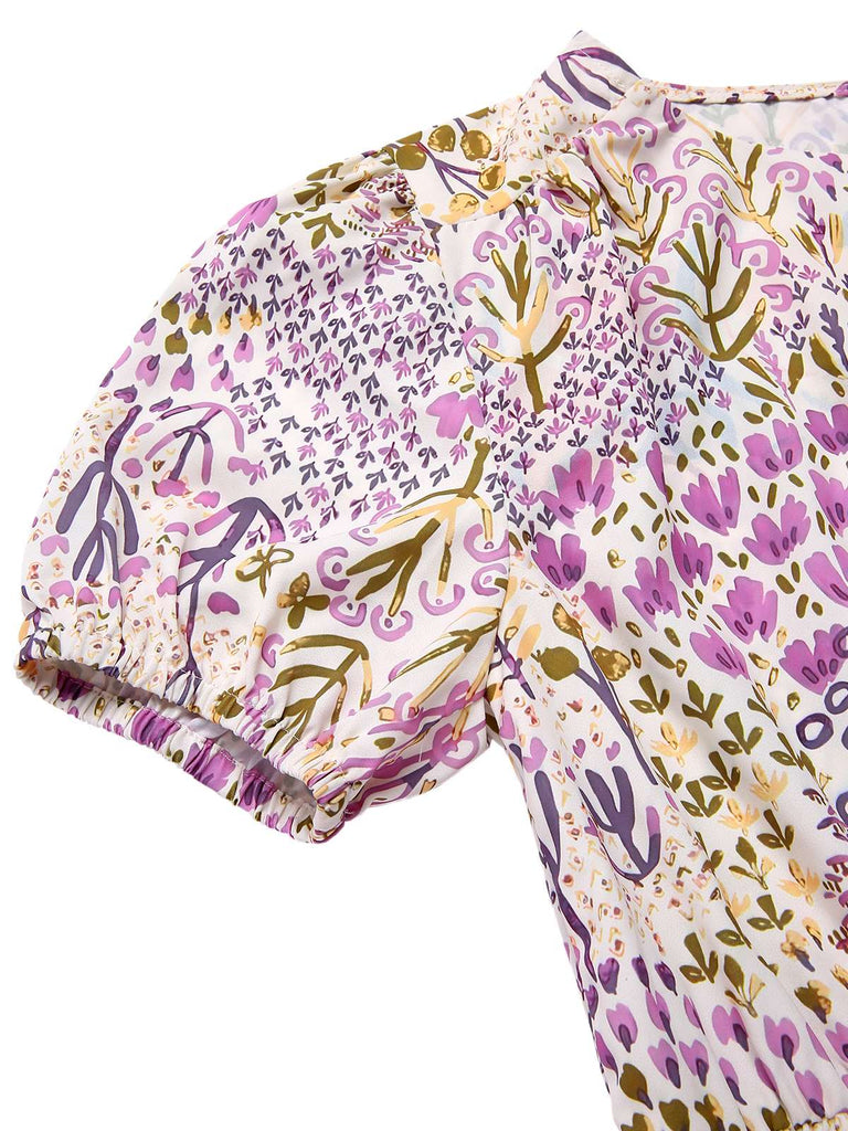 [Vorverkauf] Lavendel 1950er Blumen V-Ausschnitt Puffärmel Kleid