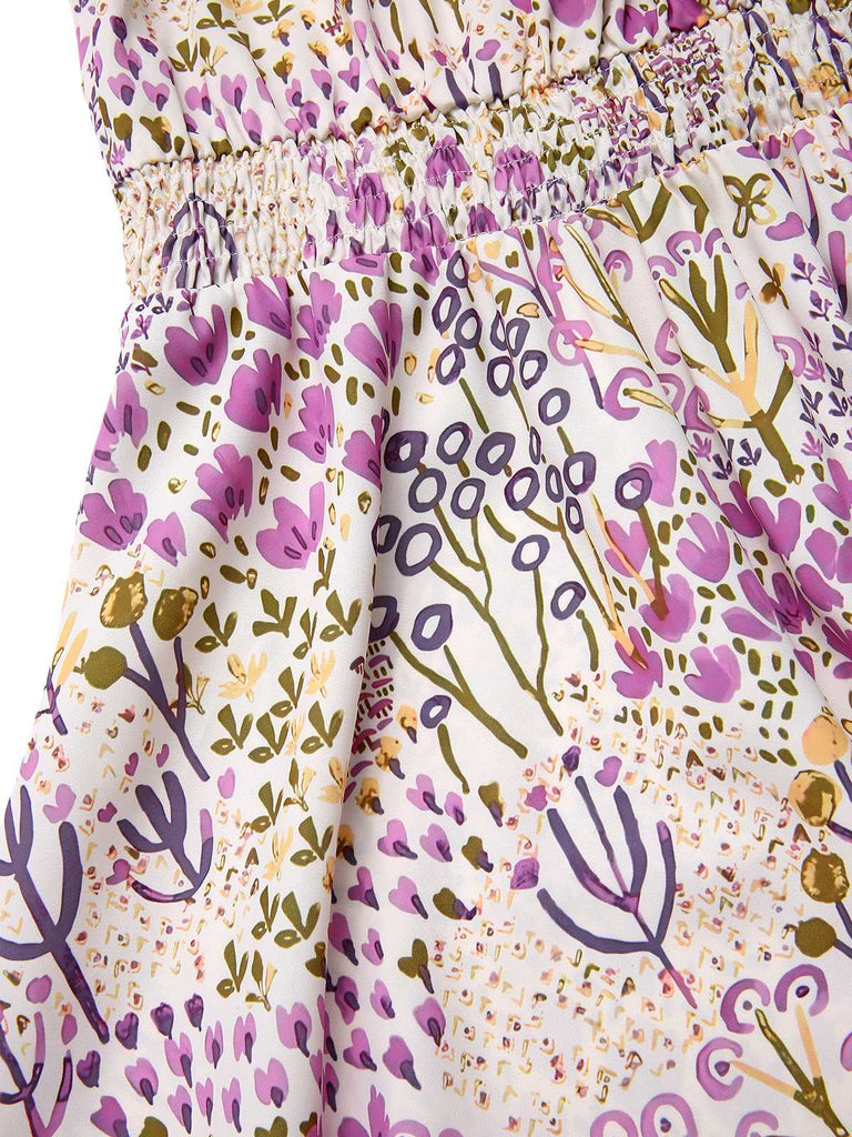 [Vorverkauf] Lavendel 1950er Blumen V-Ausschnitt Puffärmel Kleid