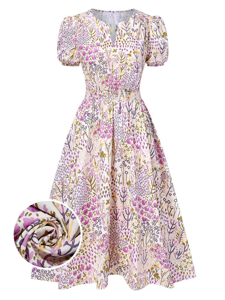 [Vorverkauf] Lavendel 1950er Blumen V-Ausschnitt Puffärmel Kleid