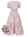 [Vorverkauf] Lavendel 1950er Blumen V-Ausschnitt Puffärmel Kleid