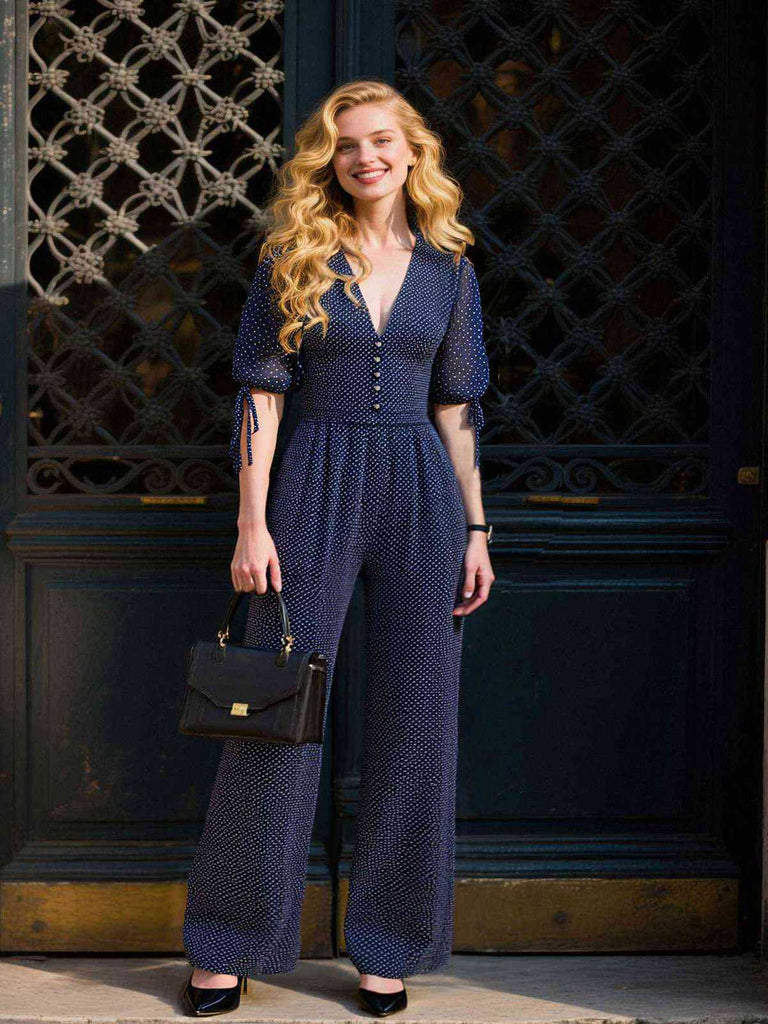 [Vorverkauf] Marineblau 1930er Polka Dot V-Ausschnitt Jumpsuit