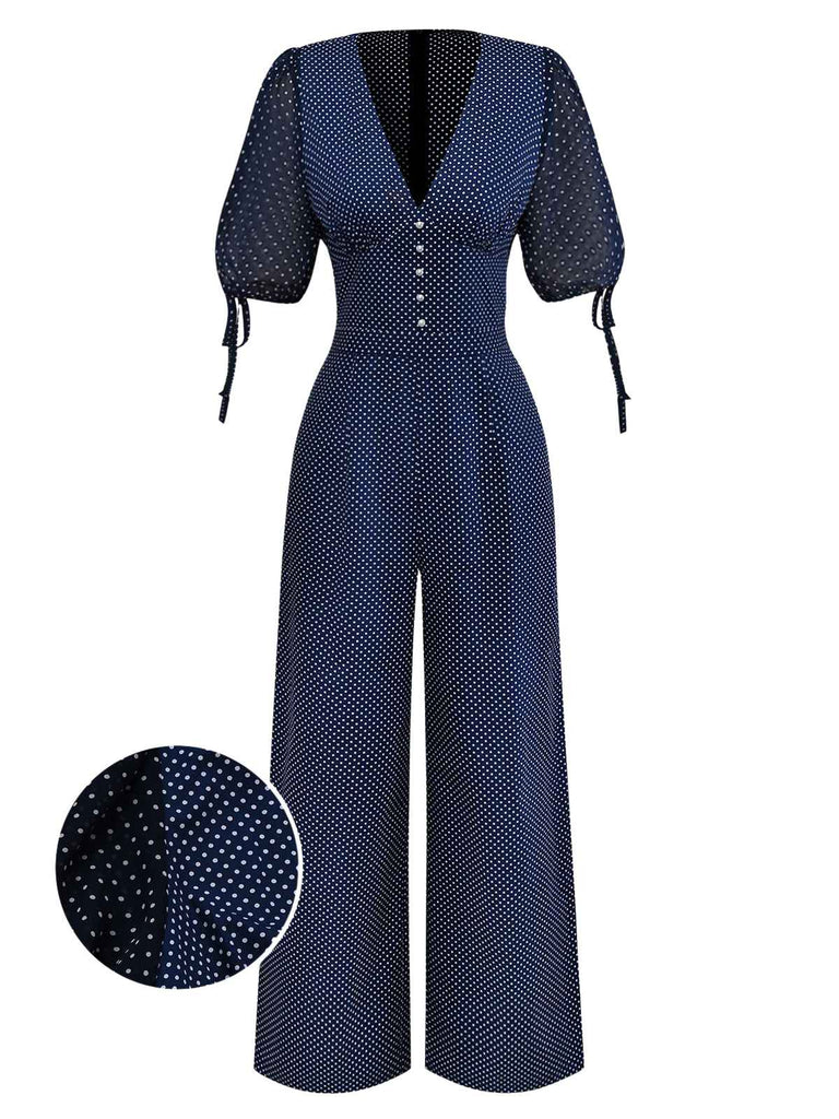 [Vorverkauf] Marineblau 1930er Polka Dot V-Ausschnitt Jumpsuit