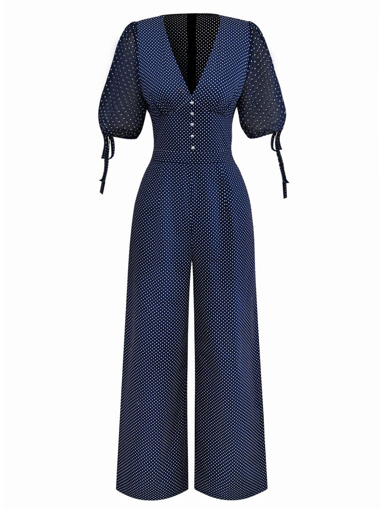 [Vorverkauf] Marineblau 1930er Polka Dot V-Ausschnitt Jumpsuit
